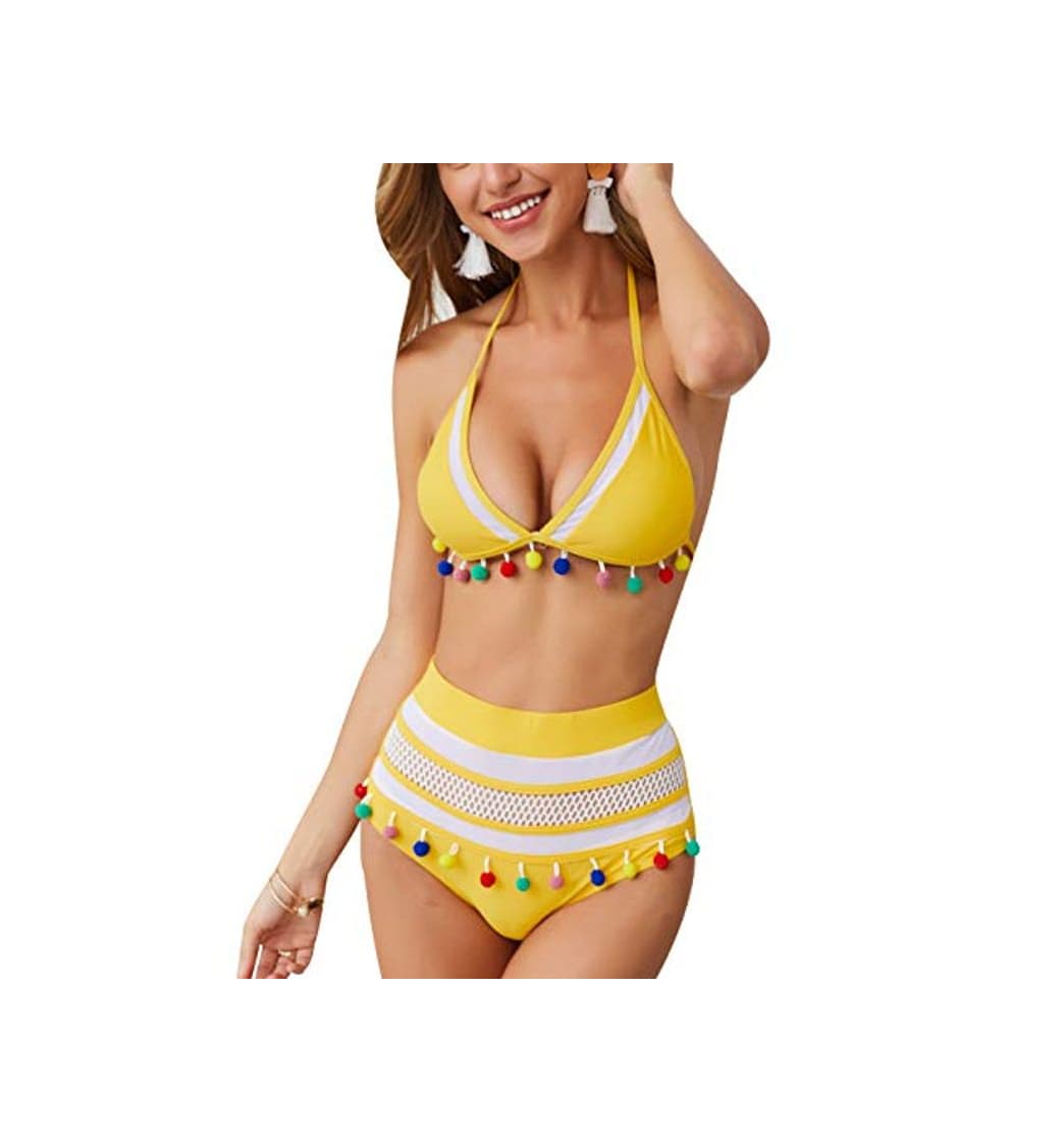 Moda Bikini con Flecos Talle Alto Halter Push Up Mujer Rayas Trajes de Baño de Dos Piezas Biquini Braga Alta Vikini Bañador Piscina Playa Mujeres Bikinis Cintura Alta Señora Bañadores Natacion Amarillo L