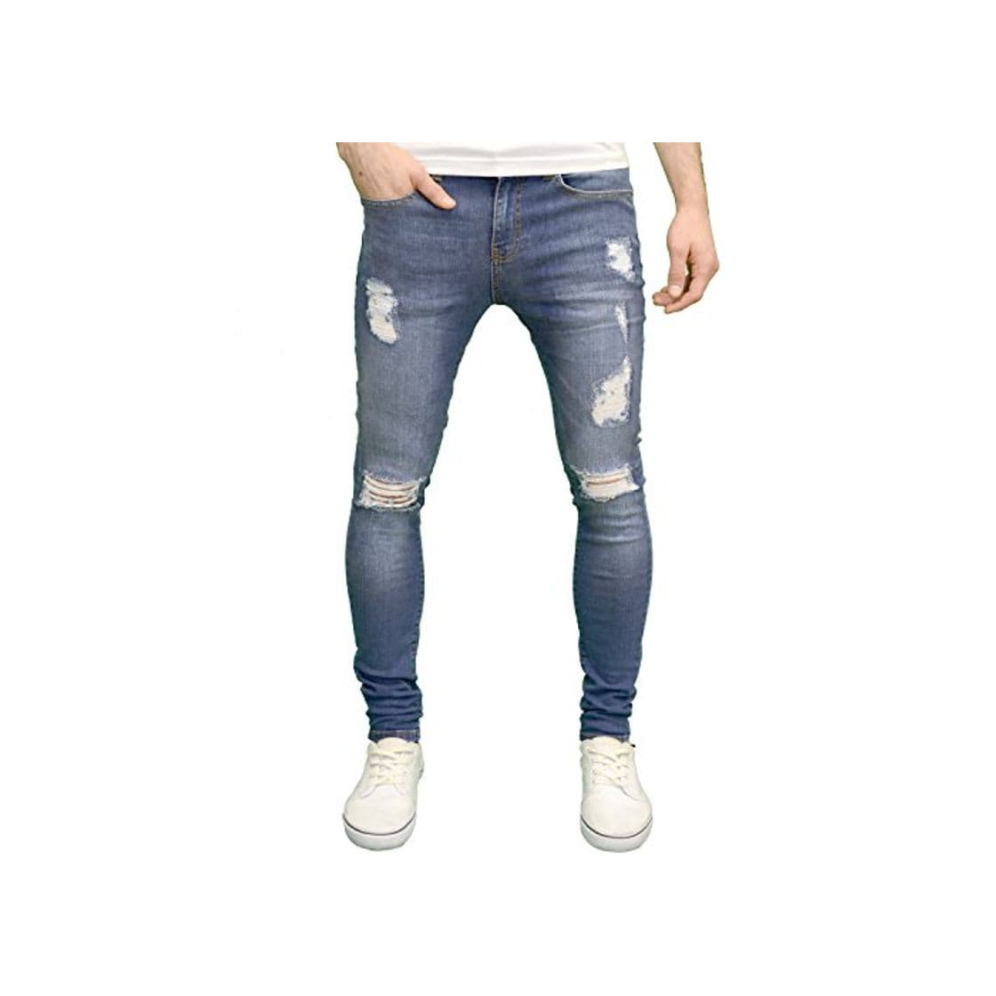 Moda Enzo - Pantalones vaqueros pitillo rotos para hombre Mediados Stonewash 42W