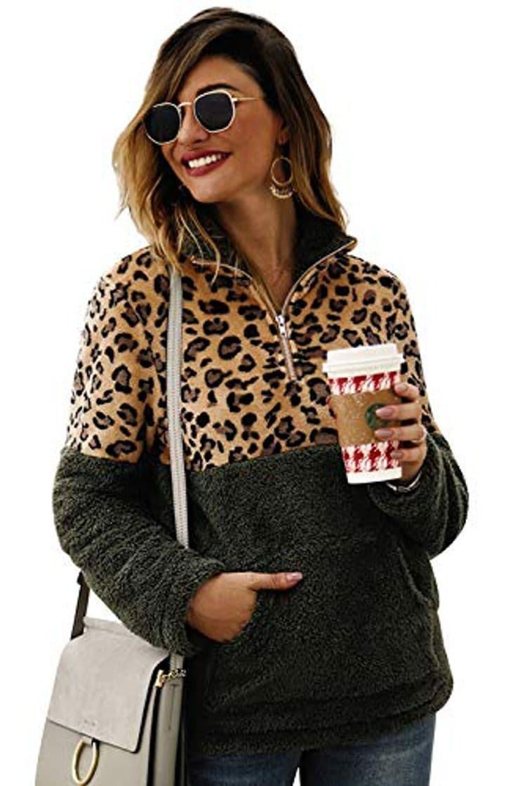 Fashion Sudadera de Mujer Fleece Invierno Cálido Estampado Leopardo Camiseta Manga Larga Camisa Cuello Alto Túnica de Bolsillo Cremallera Sudadera Cremallera Top Vintage Blusa Retazos Tops Outwear Streetwear