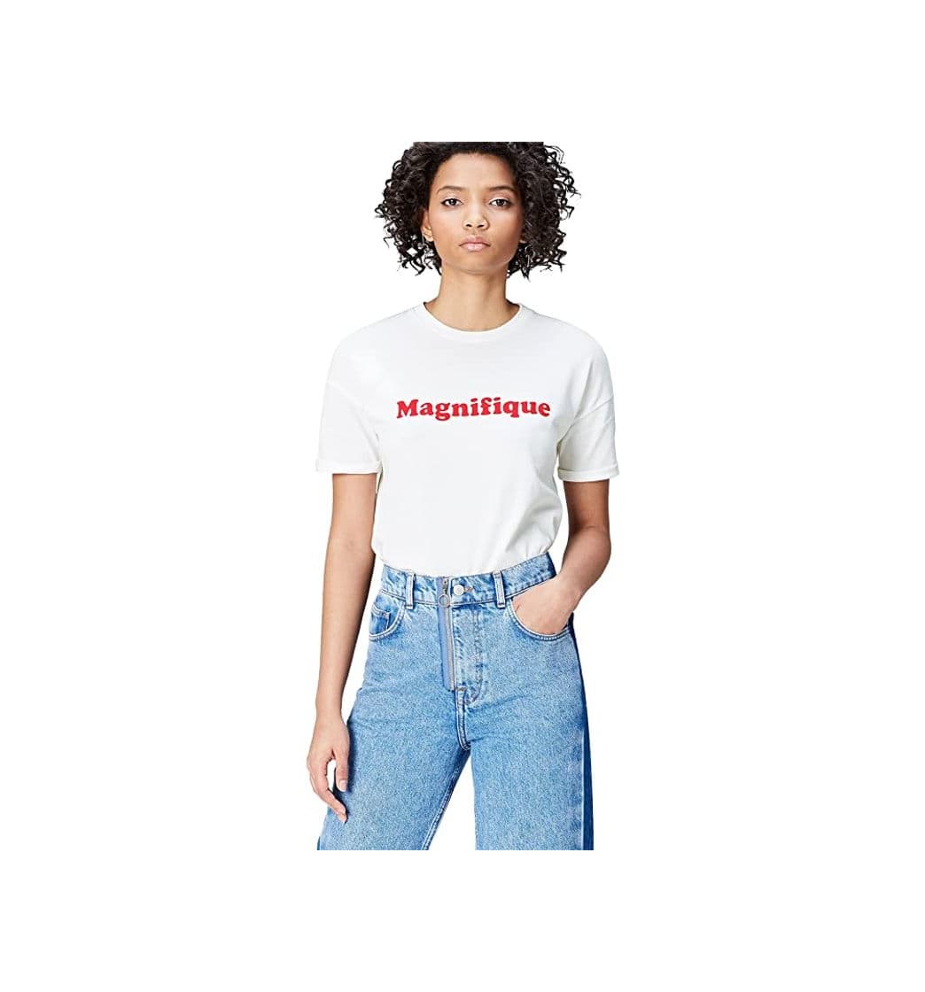 Fashion Marca Amazon - find. Camiseta con Mensaje con Cuello Redondo Mujer, Blanco