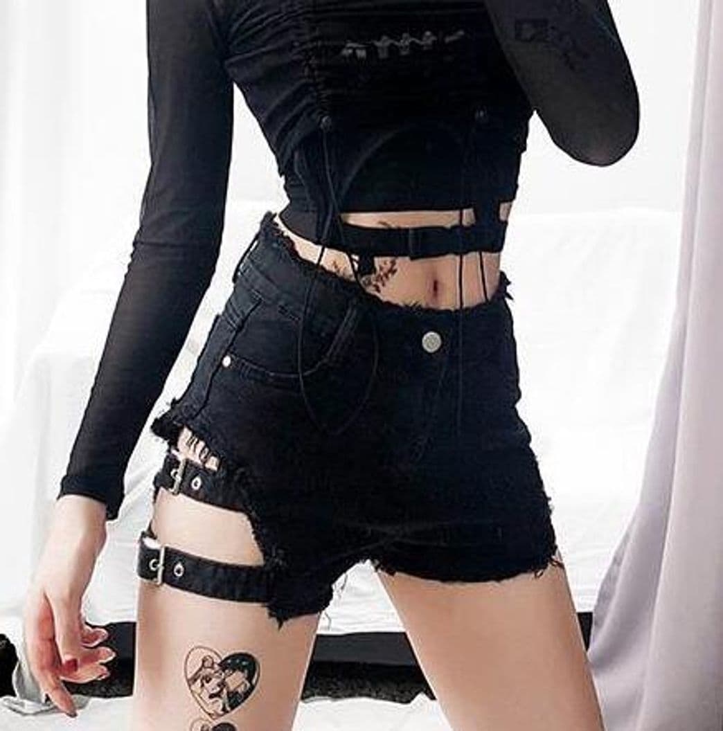 Moda Denim Strap Shorts Gothic Fashion