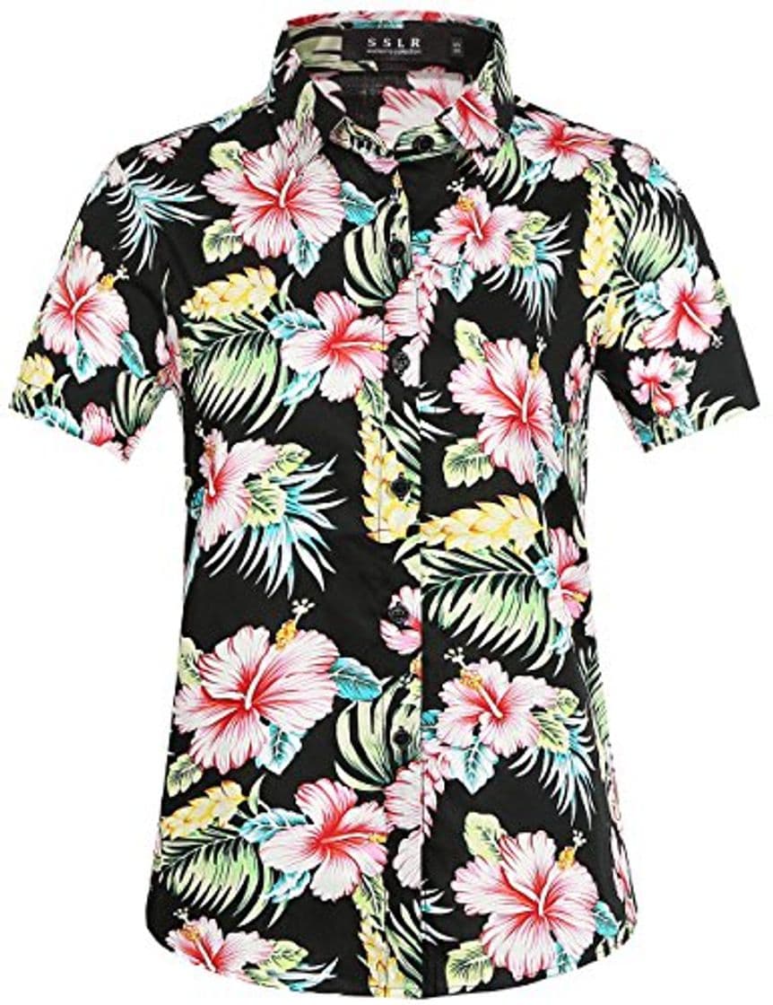 Fashion SSLR Camisa Manga Corta de Algodón Estampado de Flores Informal Estilo Hawaiano