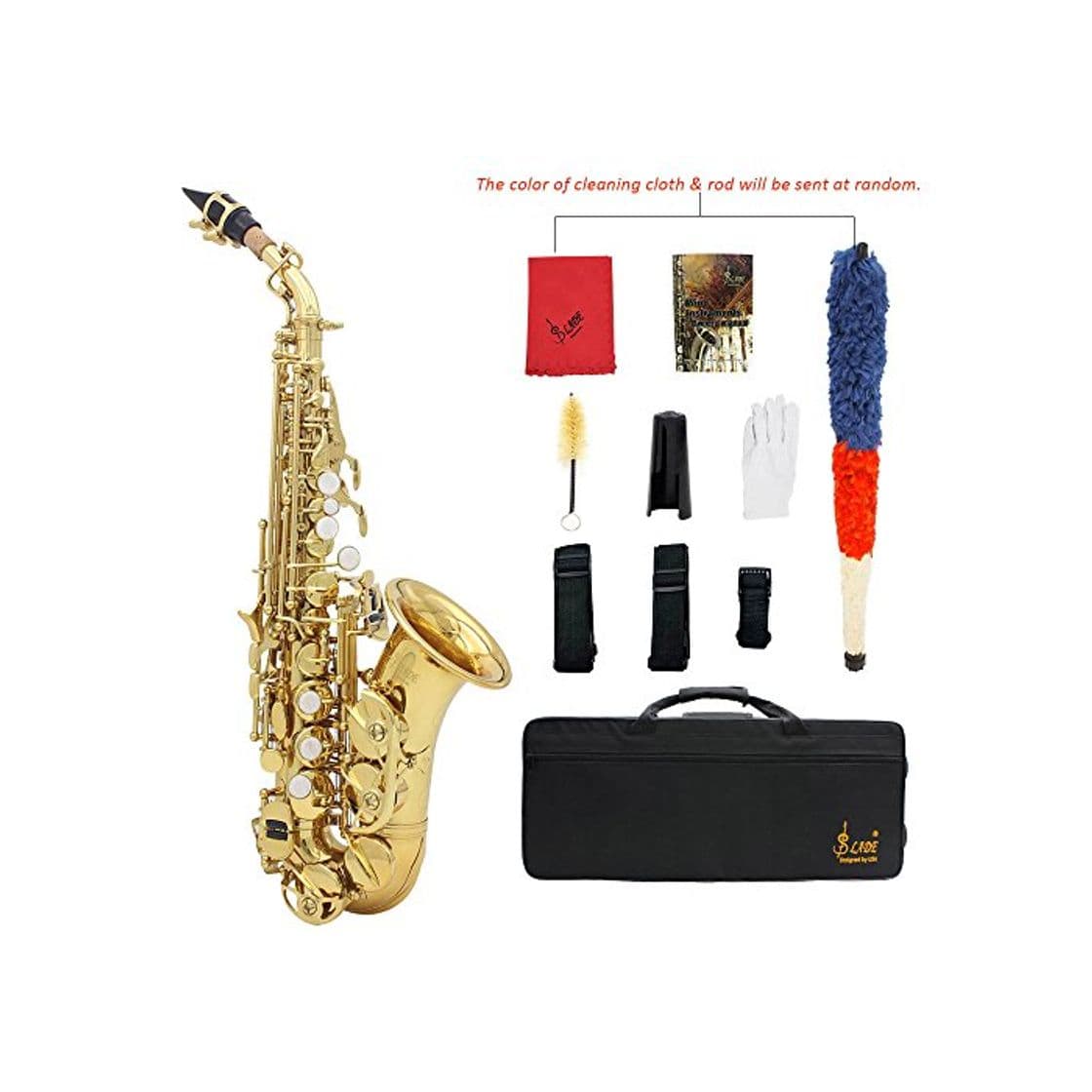 Product ammoon LADE Saxofón Soprano Bb Bend Althorn Sax Patrón Labrado Latón de Oro Botones Concha de Perla Blanca Instrumento de Viento con Estuche Guantes Paño de Limpieza Grasa Cepillo