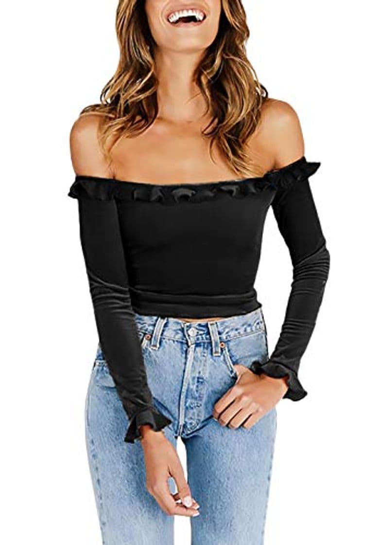 Fashion Mujer Blusa De Carmen Camisas Sin Barriga Terciopelo Fiesta Estilo Fuera del