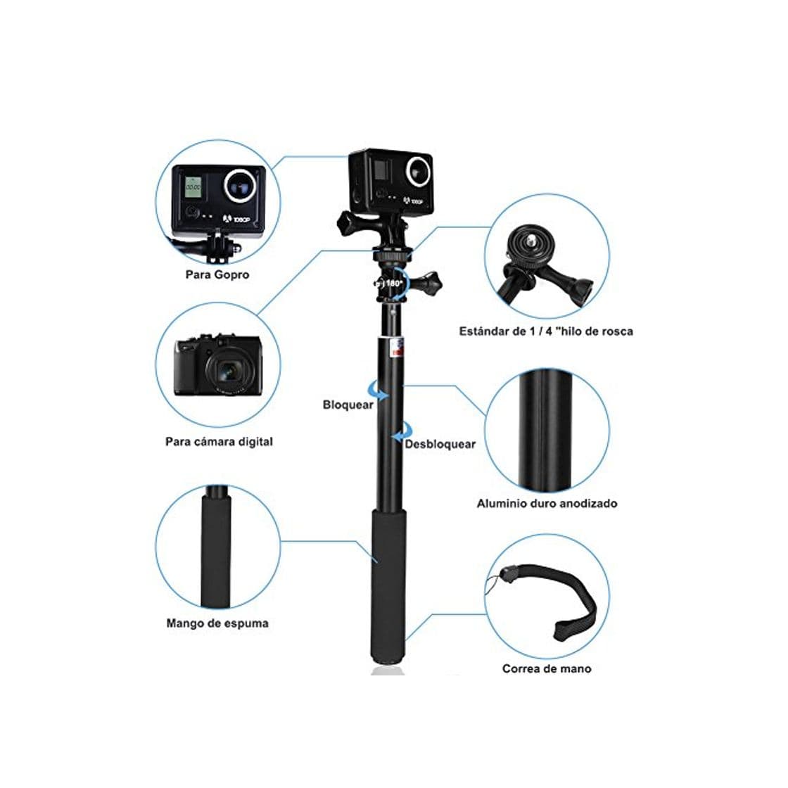 Product GHB Palo Selfie Gopro para Poste de extensión telescópica Gopro Palo con