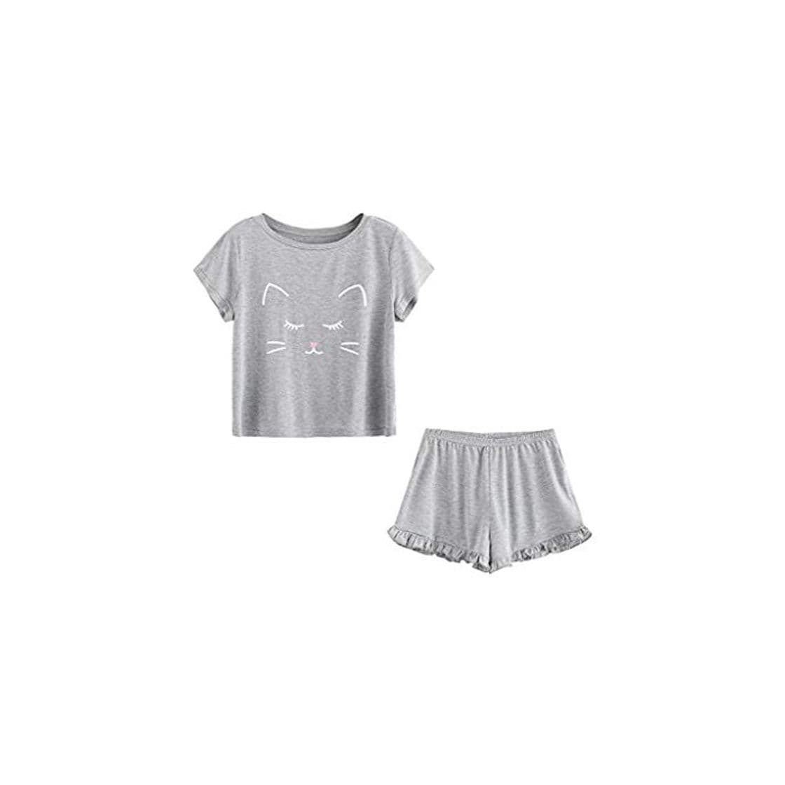 Fashion Proumy Conjunto de Pijama Mujer Verano Básica Estampado de Gatos Camiseta Gris con Calzoncillos Blusa Talla Grande Camisa Transpirable Dos Piezas de Batas Largas Ropa de Dormir Cómoda con Manga Corta