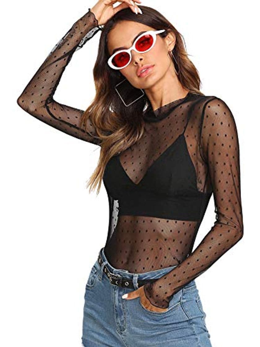 Fashion SOLY HUX Mujer Transparente Mangas Largas Camiseta Blusa Elegante Moda Oficina Casual