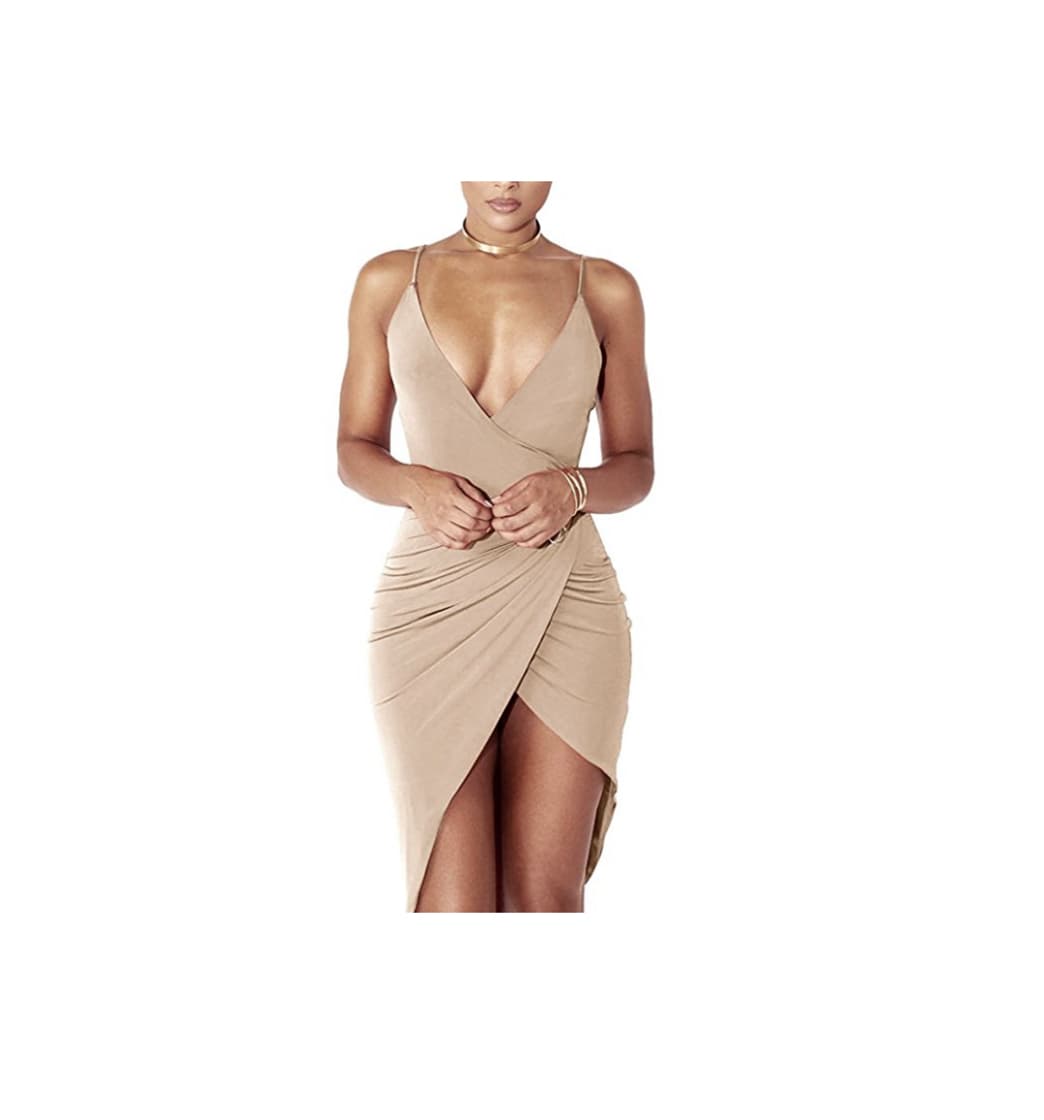 Fashion DRESHOW Women's Sexy Deep V Neck Sleeveless Spaghetti Strap Bodycon Wrap Dress Front Slit Bandage Midi Club Dress