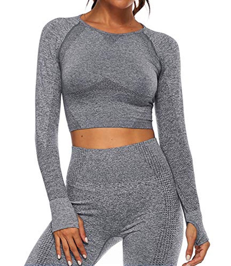 Producto Tops Yoga Camiseta Deportiva Sin Costura Mangas Larga Fitness Mujer Gimnasio Gris