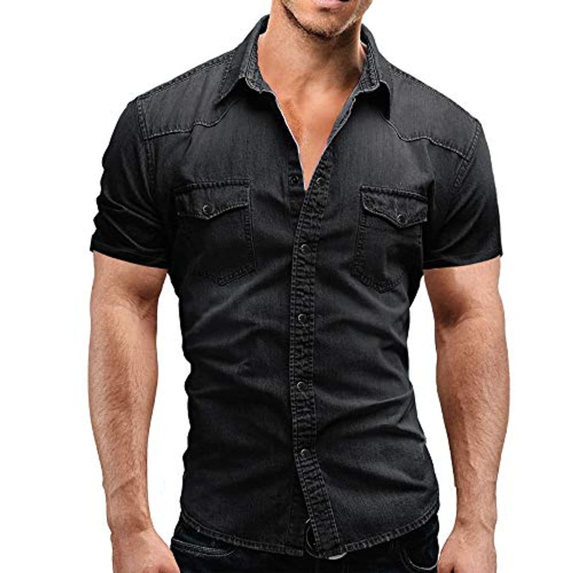 Moda Jinyuan Camisa De Hombre De Moda Camisa De Mezclilla con BotóN Delgado para Hombre Casual Camisa De Manga Corta para Hombre con Bolsillos Gris Oscuro XL