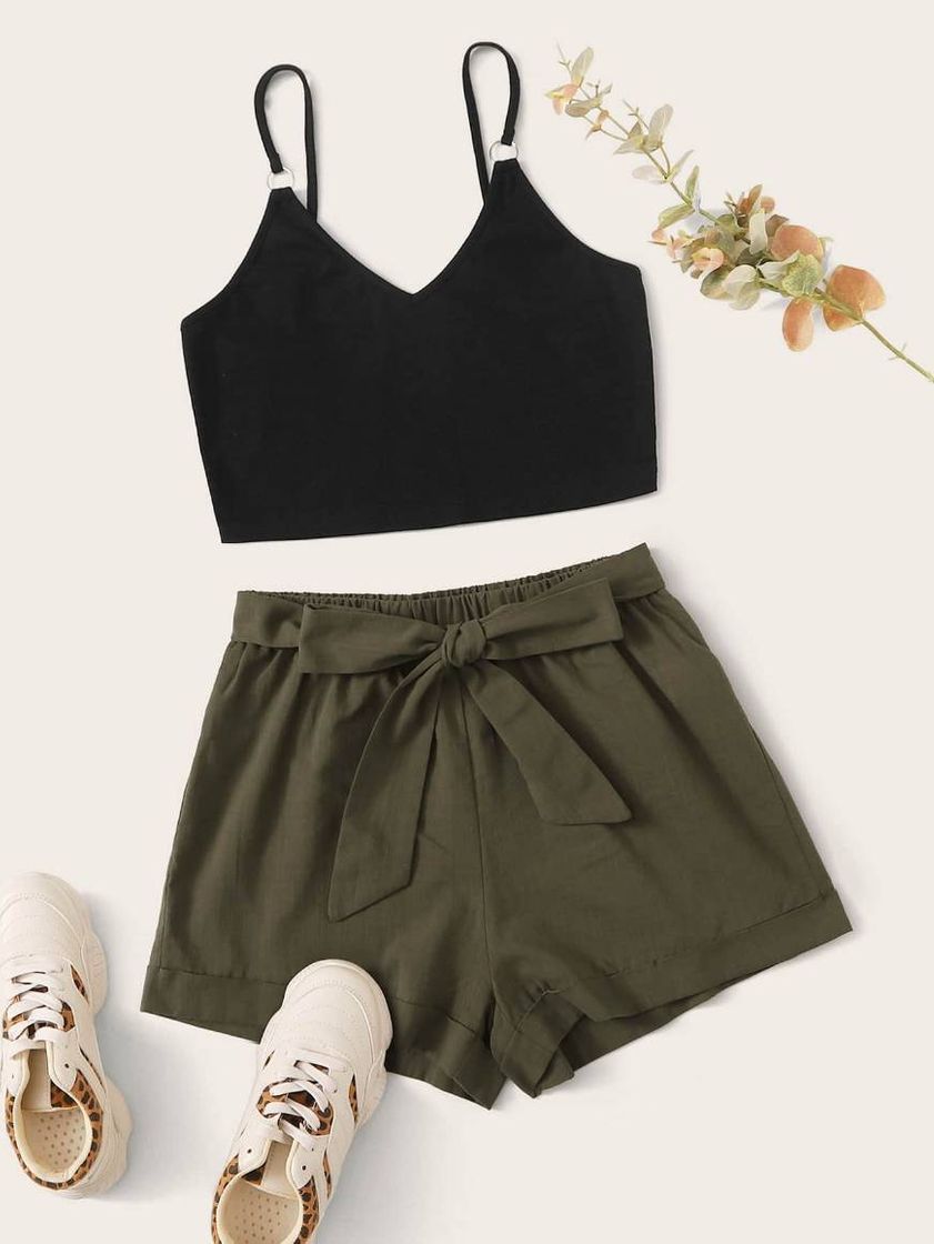 Moda Conjunto top corto de tirante con aro O con shorts 