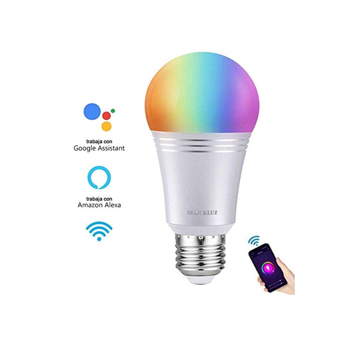 Producto Glückluz Bombilla Inteligente Alexa Focos WiFi Bombilla Inteligentes RGBW Foco LED 60W equivalente Lampara Inteligente 7W Smart Light Bulb Control Remoto Smartphone APP Amazon Alexa y Google Home