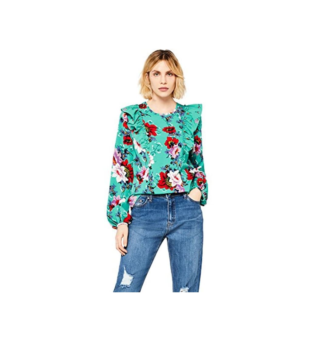 Moda Marca Amazon - find. Blusa de Flores con Volantes Mujer, Verde