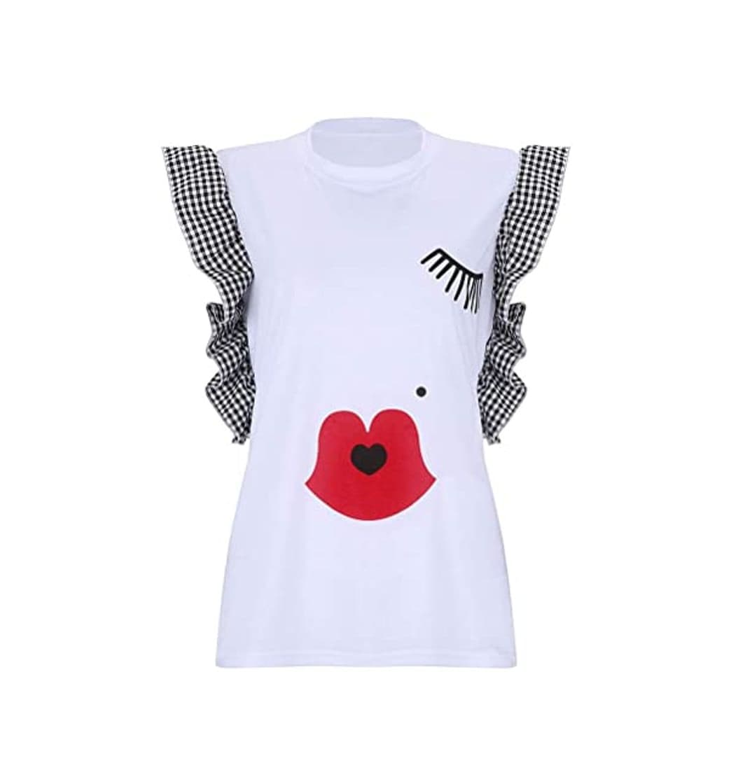 Moda MEIbax Impresión de Labios de pestañas Rojas Camiseta de Mujer Moda Top de Manga Corta con Volantes para Mujer Ropa de Moda de Verano para Mujer Camisa T Shirt Blusa Dia de Miembro