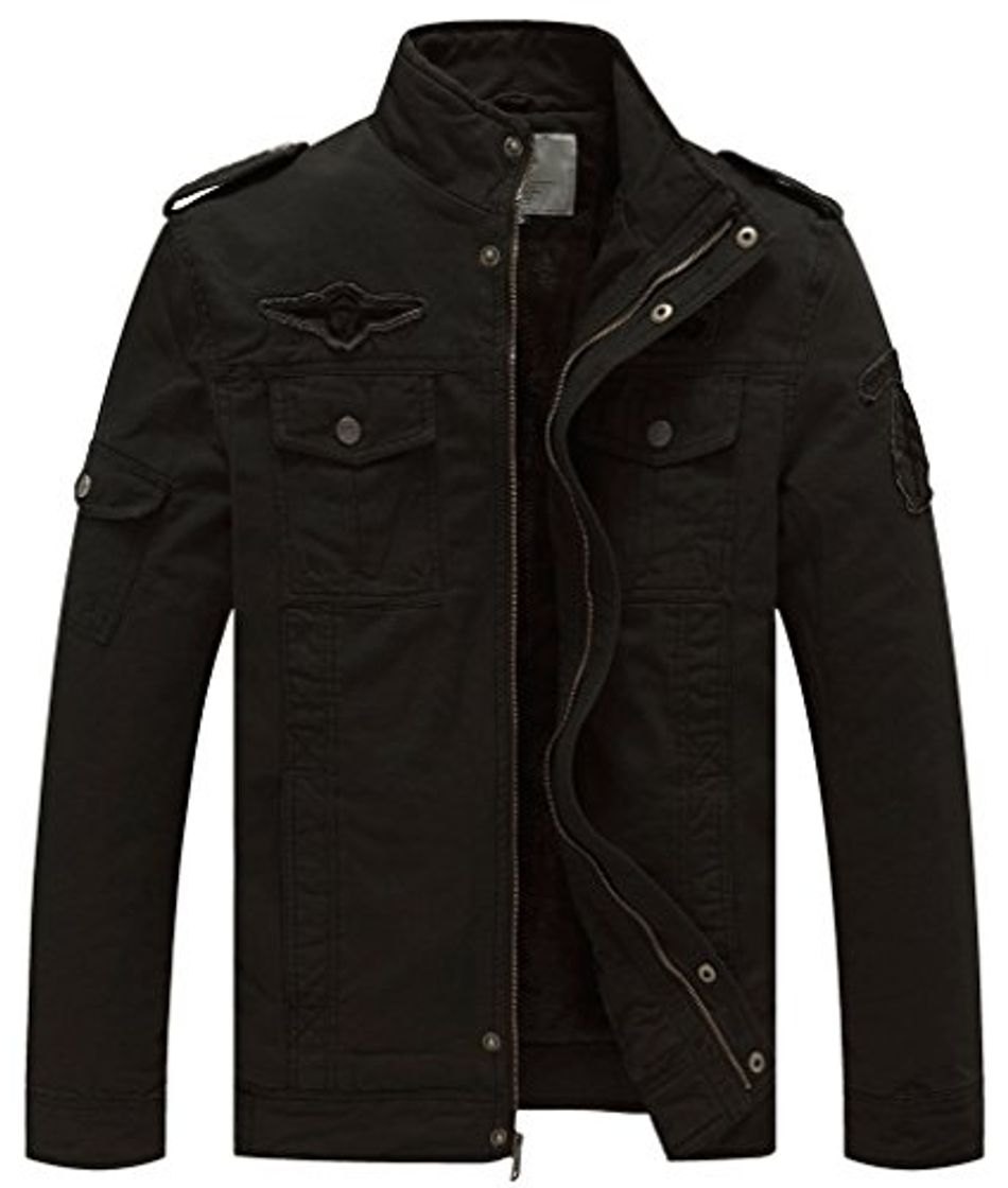 Fashion WenVen Cazadora Militar Invierno de Borrego Casual Hombre Negro X