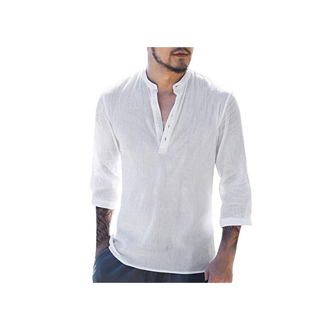 Moda JURTEE Camisa para Hombre Algodón Y Lino Cuello En V Sólido De Color Remera Manga Larga Blusa con Botones Cómodo Top