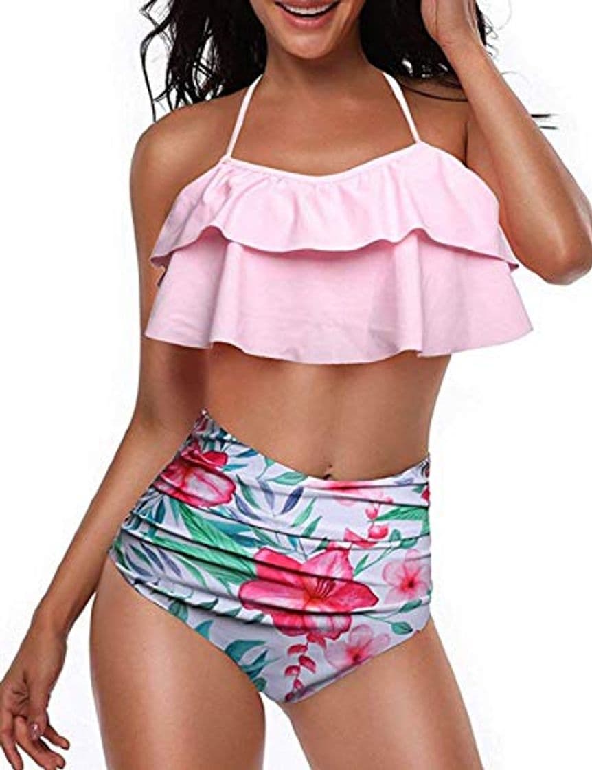 Moda heekpek Conjunto de Bikini Mujer de Cintura Alta Traje de Baño de Dos Piezas Volantes Correas de Espagueti Bañador Plisado Estampado Rayas Ropa de Playa Tallas Grandes