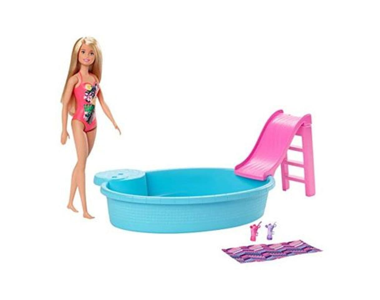 Producto Barbie muñeca rubia de 30 cm con piscina, tobogán y accesorios, regalo