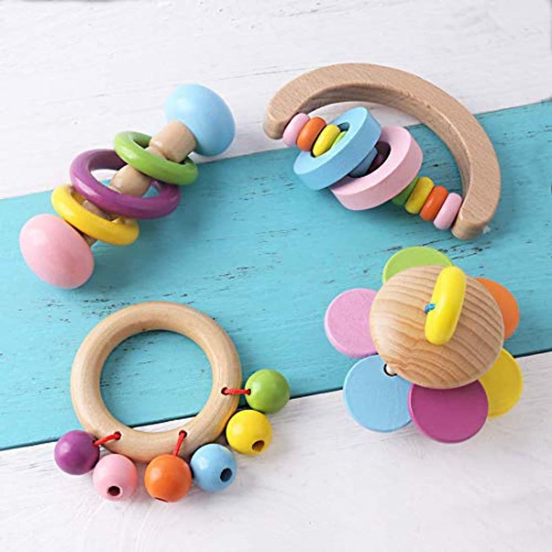 Product Promise Babe Juguetes Orgánicos de Madera para Niños Pequeños Sonajeros de Madera 4pc para Niños Campanas de Arcoiris Juguete Educativo Baby Ringer Montessori No Tóxico Regalo de la Ducha