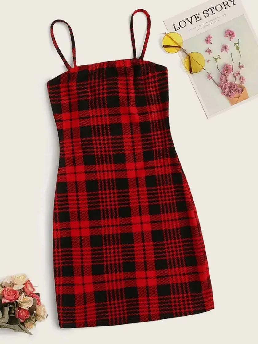 Moda Tartan Cami Mini Bodycon Dress