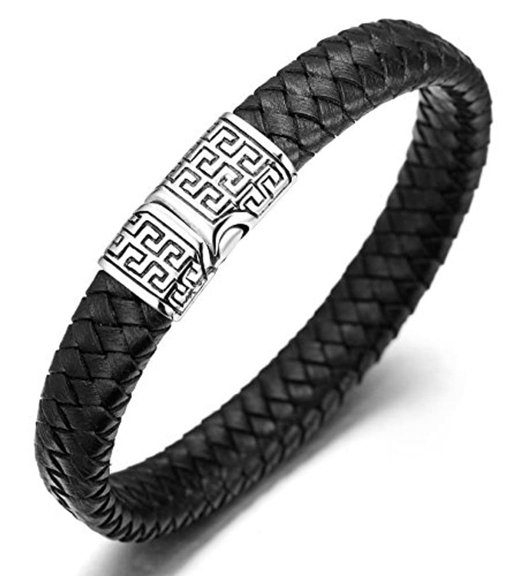 Fashion Halukakah ● Solo ● Pulsera Hombre Cuero Genuina Negro Cierre Magnético Titanio