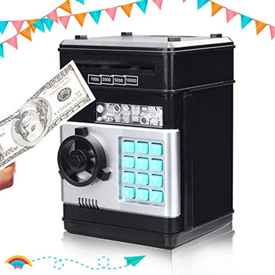 Product SAFETYON Hucha Electrónica con Cifrado de 4 Dígitos Cajero Automatico para Ahorrar Monedas y Billetes Regalo de Cumpleaño para Niños Negro