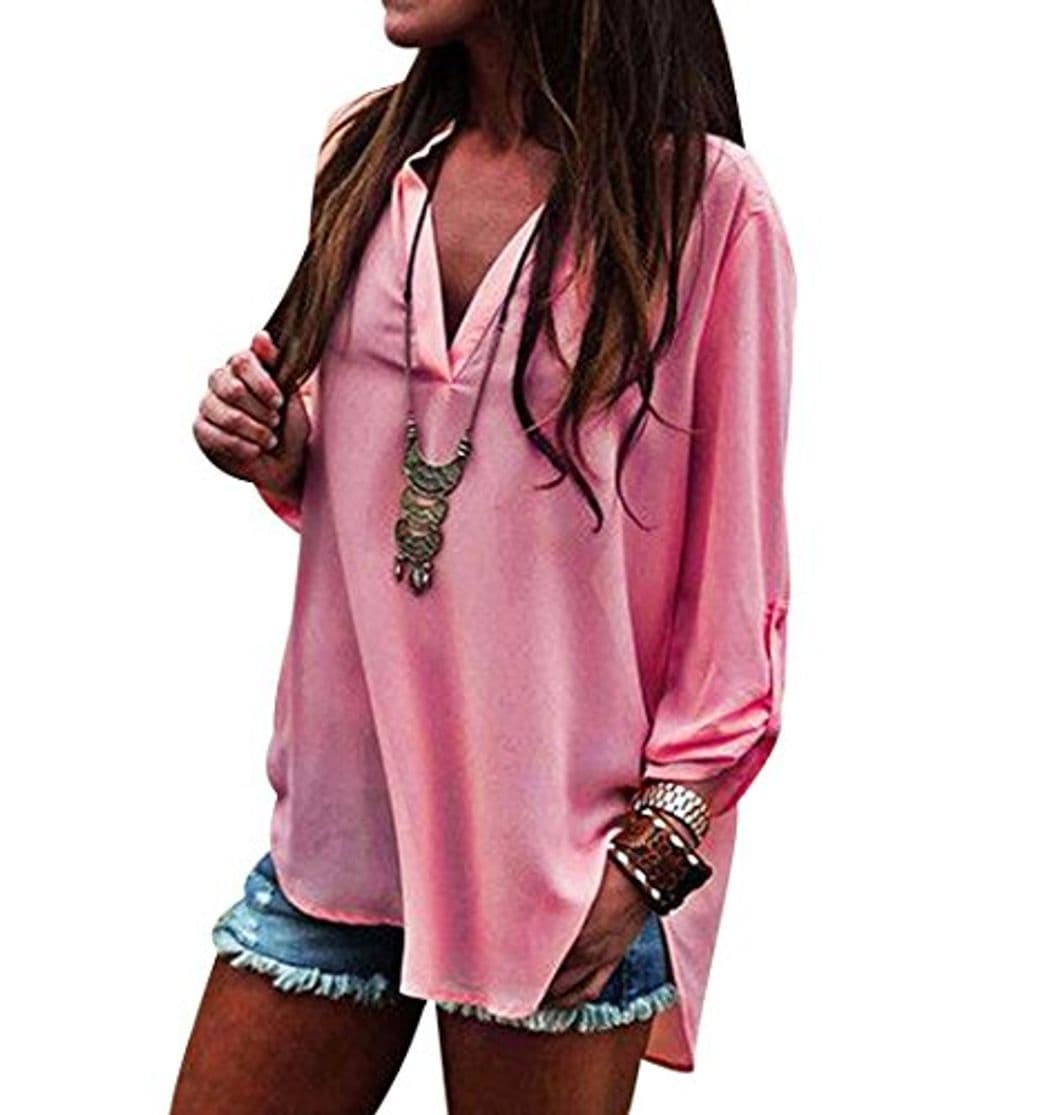 Moda Blusa Gasa Blusas Manga Larga para Dama Camisas de Mujer Blusones Camisetas Largas Juveniles Top Cuello en V Boton Tops Camisa Fiesta Elegantes Anchas Verano Color Solido Casual Pink L