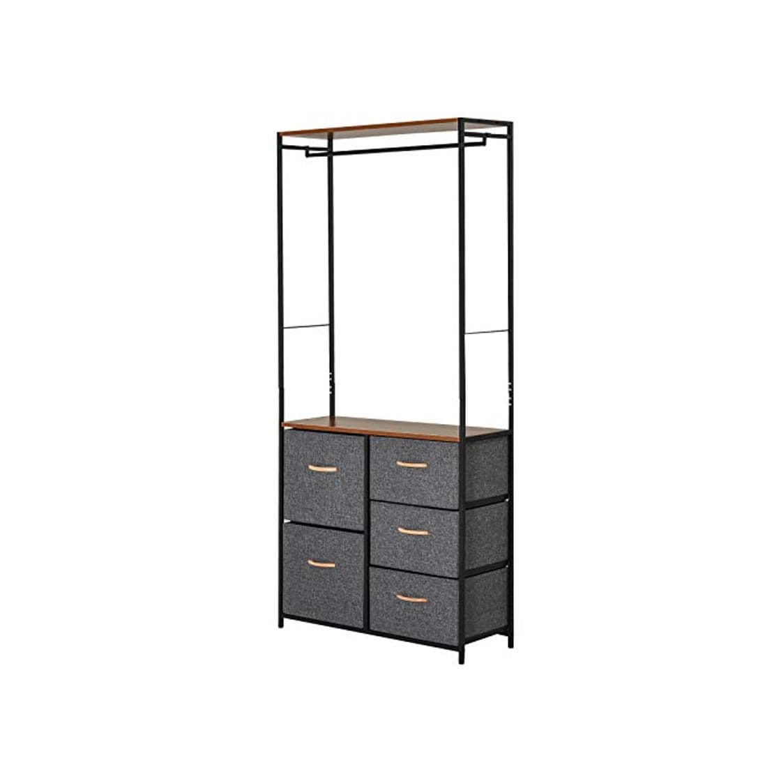 Product HOMCOM Armario Ropero Abierto Almacenaje Hecho de Metal Plegable con 5 Cajones Extraíbles Apto para Salón Oficina Dormitorio Estudio con Barra para Colgar Estilo Moderno Negra Gris 83x28x175cm