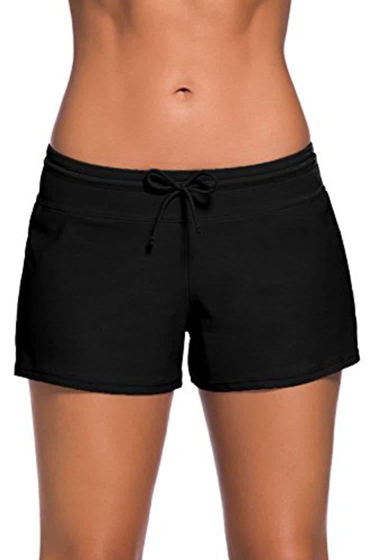 Moda Yavero Shorts de Baño Mujer Bañador Short Deportes Acuáticos Shorts de Natación Secado Rápido Bikini Short Cortos con Cordón Ajustables Negro M