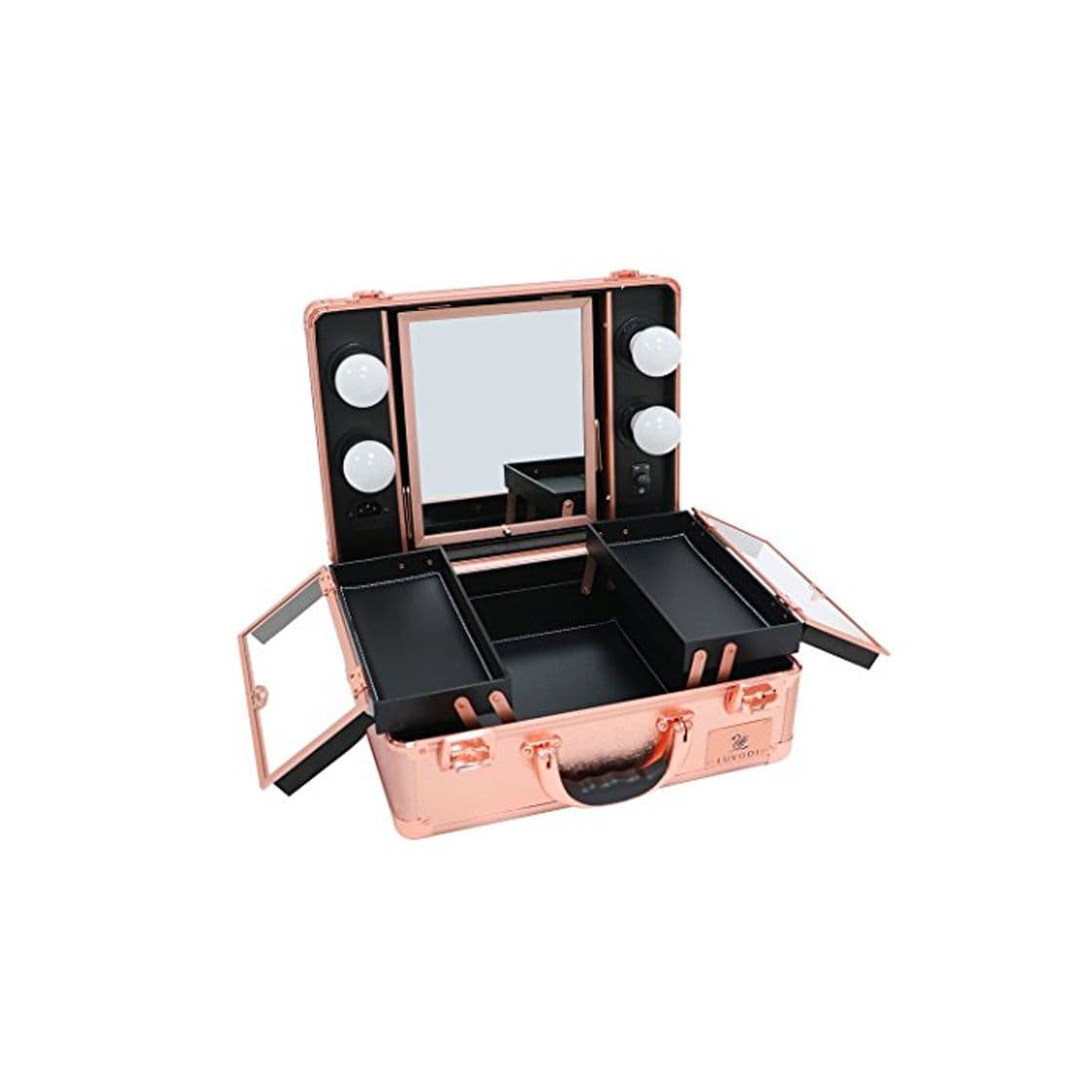 Fashion LUVODI Maleta de Maquillaje Profesional Estuche de Maquillaje de Aluminio Maletín de Cosméticos con Espejo y 4 Bombillas de Luces LED Color Oro Rosa