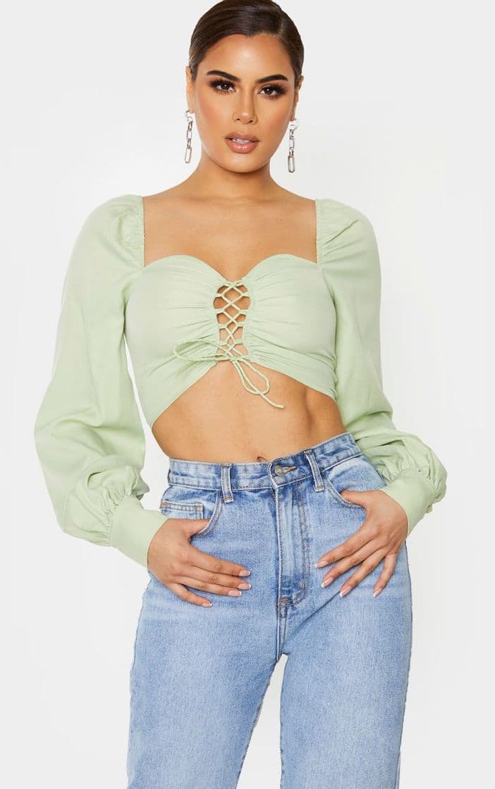 Moda Tall Sage Green Lace Up Long Sleeve Cropped Blouse ...