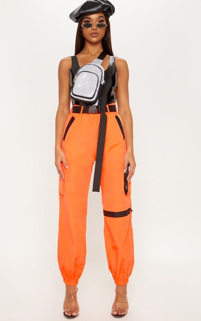 Moda Neon Orange Shell Belted Pocket Detail Joggers