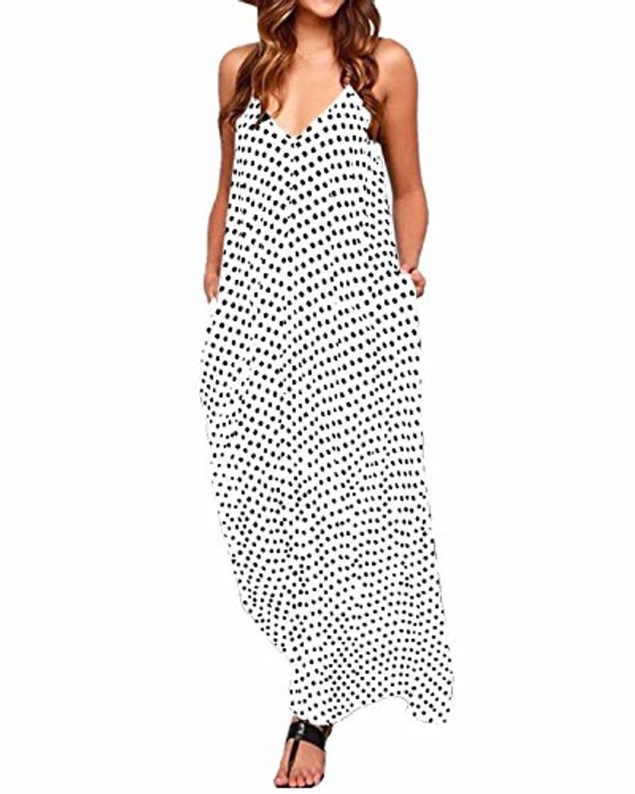 Fashion ZANZEA Mujeres Elegante Bohemio Algodón Casual Vestido Suelto Largo Playa Lunares Cuello V sin Mangas Blanco EU 40