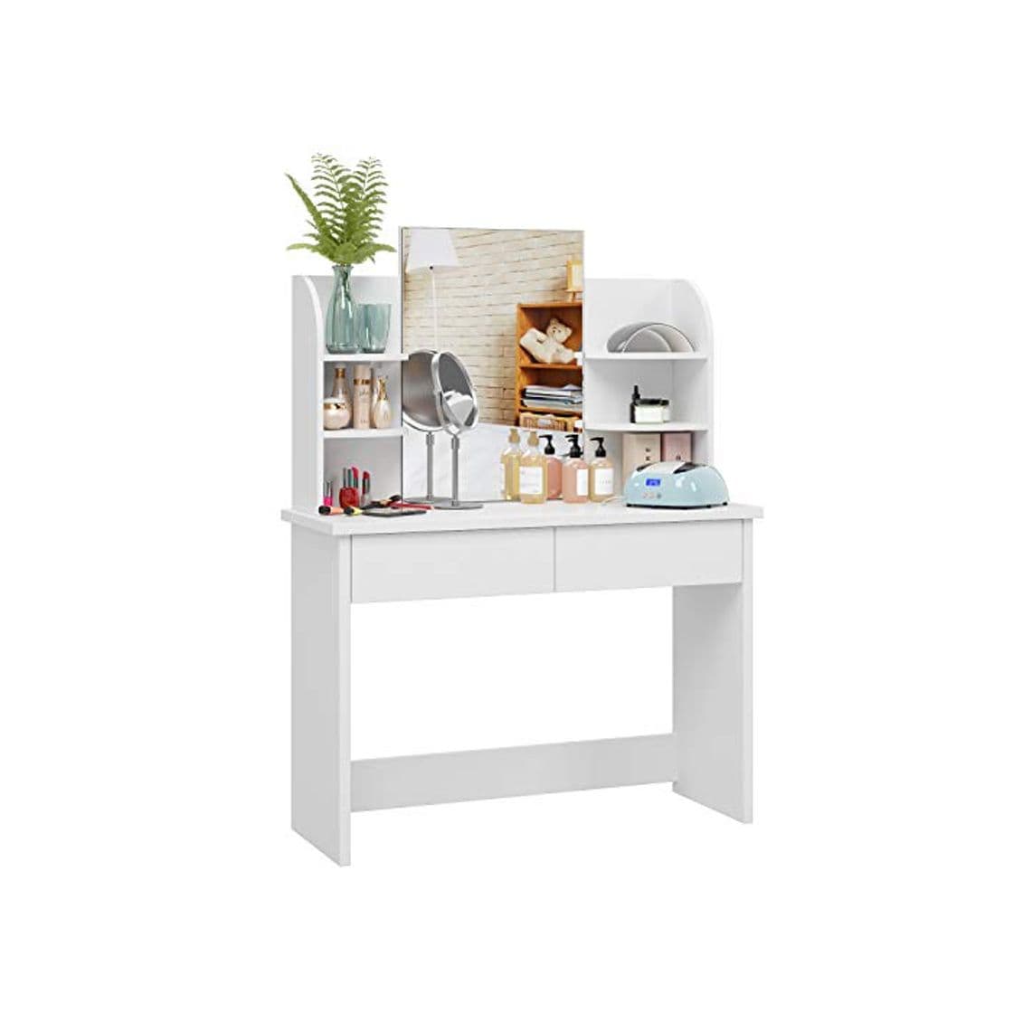 Product Homfa Tocador con Espejo Mesa de Maquillaje Tocador de Dormitorio con 2 Cajones 4 Estantes Blanco 107x40x142cm