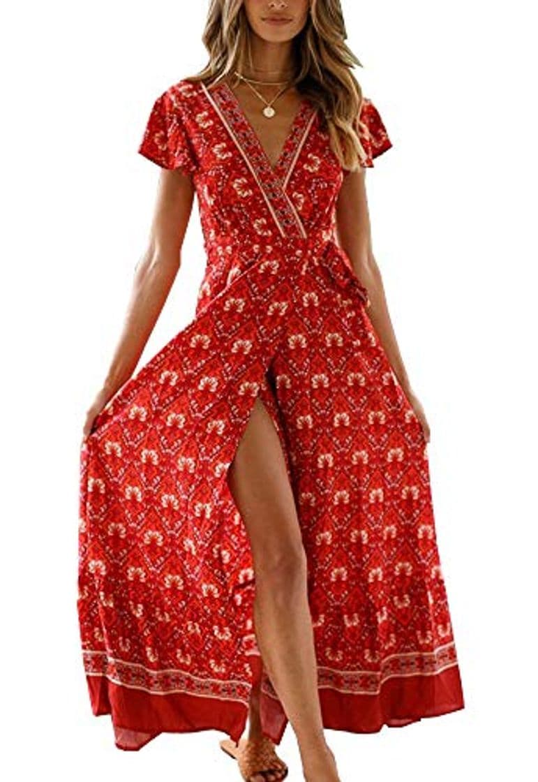 Producto Vestido Mujer Bohemio Largo Verano Playa Fiesta Floral Manga Corta Cuello en V Talla Split Wrap Maxi Vestidos 5 XL