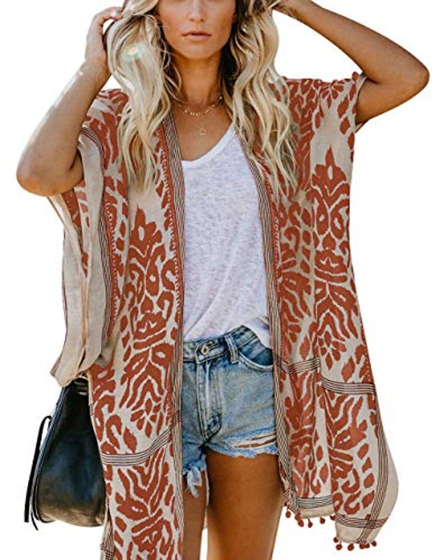 Producto Mujeres Verano Kimono Cardigan Casual Ropa de Playa Pareos Retro Impreso Blusa