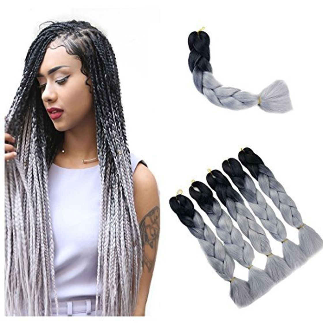 Belleza Kanekalon Black to Silver Jumbo Ombre Braid Synthetic Hair Extensions, 100G