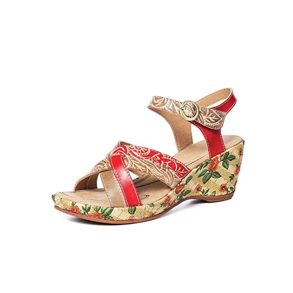 Producto gracosy Sandalias Cuero Verano Mujer Estilo Bohemia Zapatos de Tacón Medio para Mujer de Dedo Cuña Sandalias Talla Grande Chanclas Romanas de Mujer Gris Rojo Azul Hecho a Mano Los Zapatos 2019