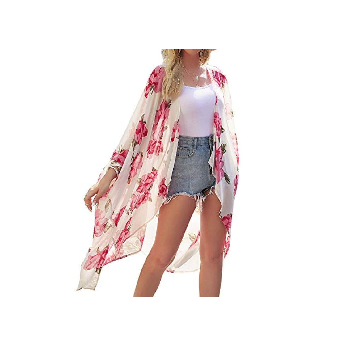 Moda Kimono largo para mujer con estampado floral – Chal largo de gasa para playa de bikini con estampado Boho Cardigan frontal abierto suelto blusa verano para mujer Rosa albaricoque M