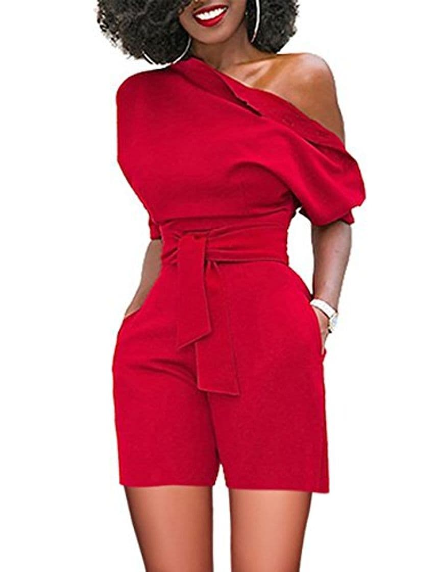 Fashion FeelinGirl Mujer Ropa Vestir Enterizo con Cintura Alta Trajes Asimétrico Piernas Anchas Rojo L 40