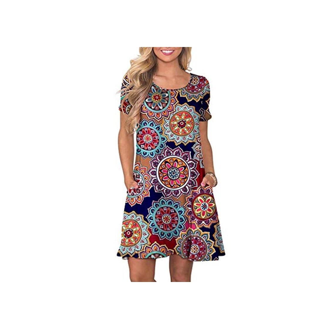 Moda VEMOW Vestido Mujer Mujeres Verano Manga Corta Floral Bolsillos Impresos Vestido de