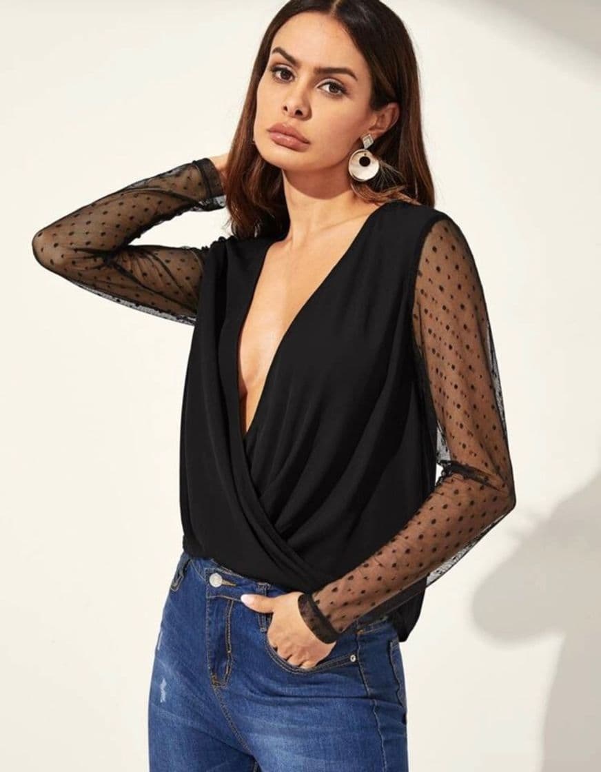 Fashion Blusa de manga con malla de lunares escote profundo 