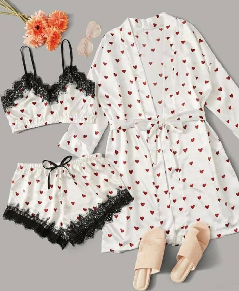 Fashion Pijama de saten con estampado de corazón, 3 piezas 