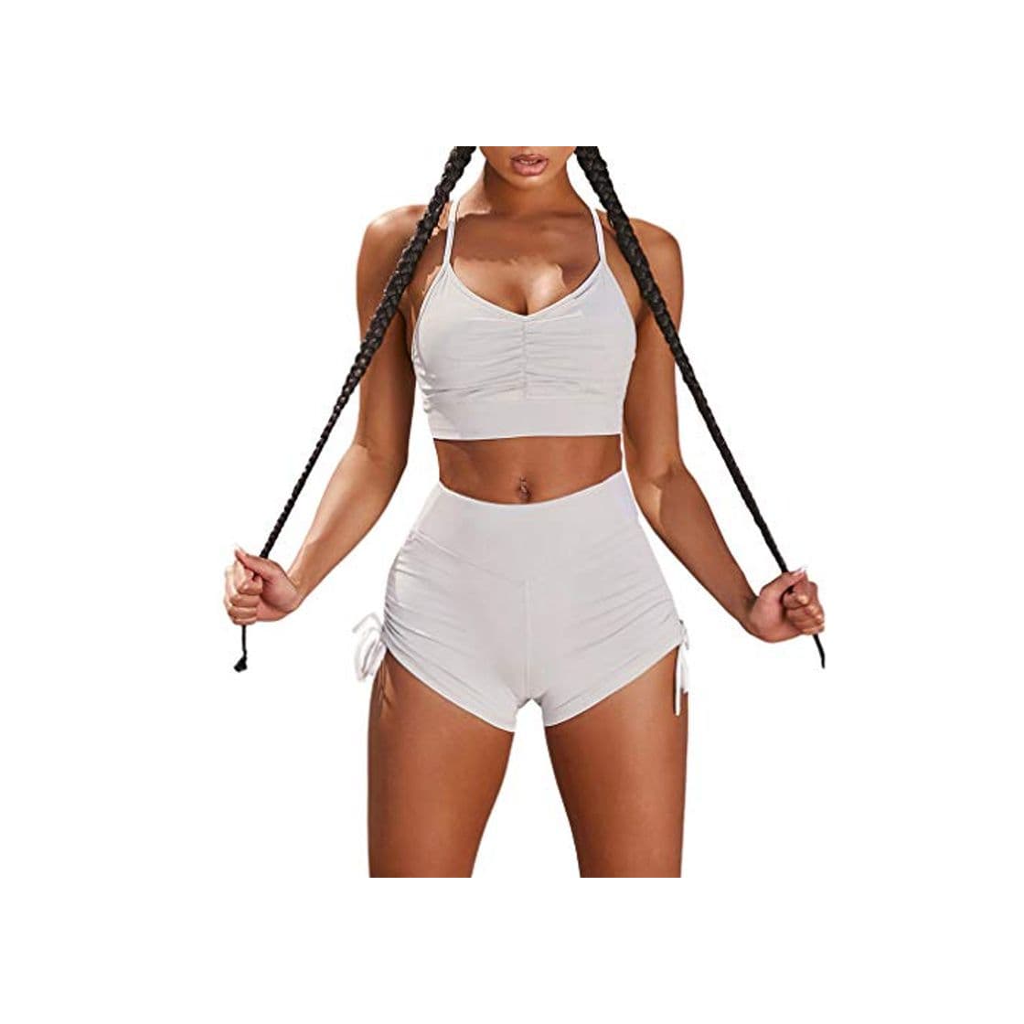 Fashion Kunfang Conjunto Chándal 2PCS Mujer Conjunto Pliegues Laterales Top Corto Cintura Alta Conjuntos Blanco Sexy Casual Conjunto Activo