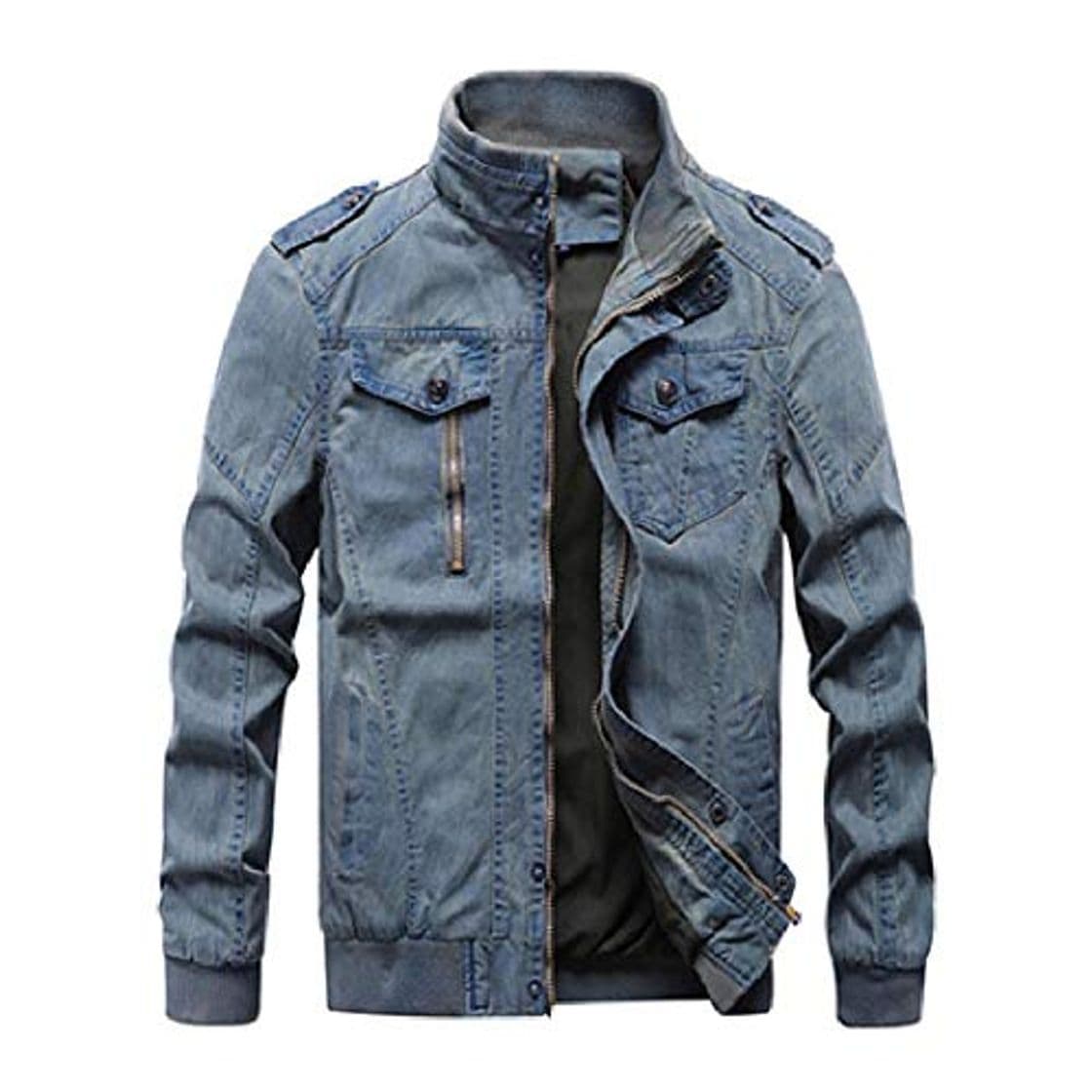 Producto NOBRAND Chamarra de Mezclilla Militar Vintage para Hombre Marca Bomber chamarras Hombre Big Stand Cuello Slim Fit Azul Azul 3XL