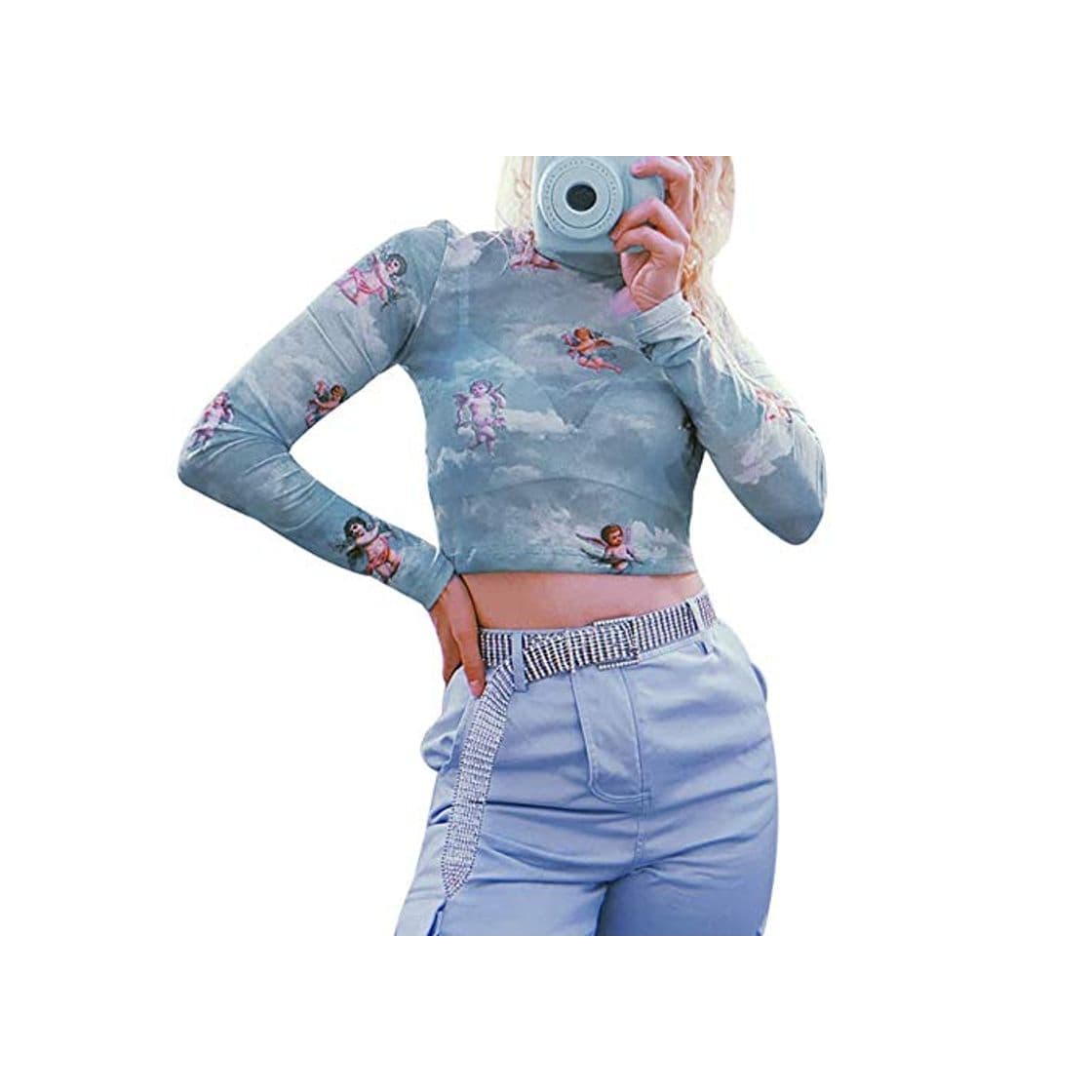 Producto Loalirando Crop-Top Transparente Mujer Sexy de Manga Larga con ángeles Impresos Top