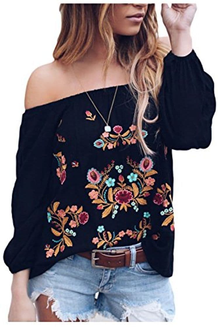 Product Suvimuga Mujeres Vintage Camisas Bordadas del Hombro Baggy Boho Blusa Tops Black XL