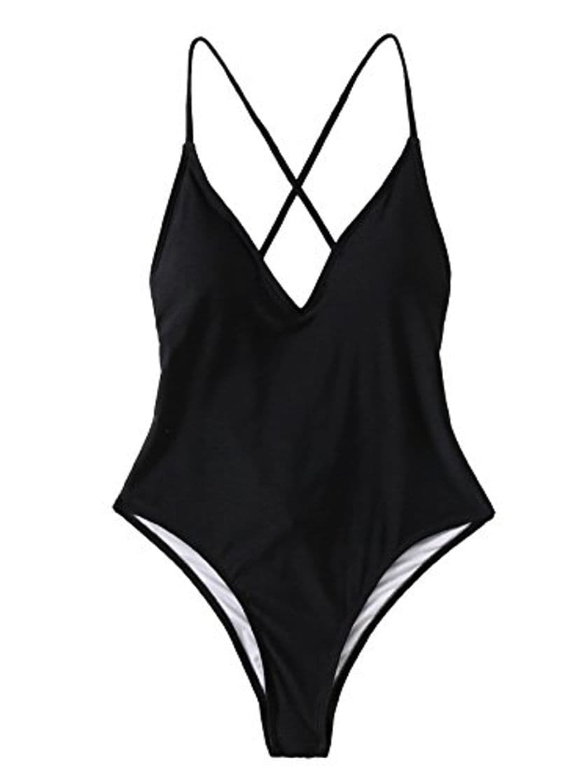 Moda SOLYHUX Mujer Ropa de Baño Vestido de Playa Set Biquini una pieza Con Cuello En V Con Cordones Cruzados En La Espalda， Negro Tamaño L