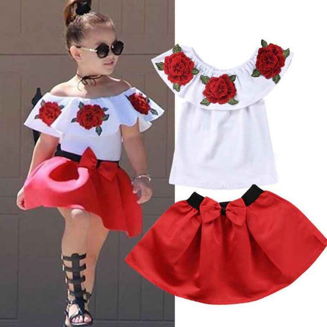 Producto Conjunto de Verano para Niñas Bebés Florales Fuera del Hombro Conjunto de Chica Manga con Volantes en la Parte Superior y Pantalones Cortos Traje para Niñas de Verano