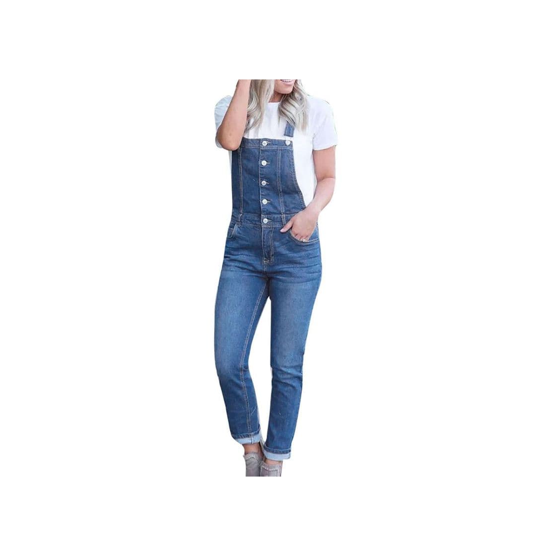 Product Overol de Mujer Jean Monos de Mezclilla sin Mangas Delgados con Agujeros Rasgados Casuales Azul M